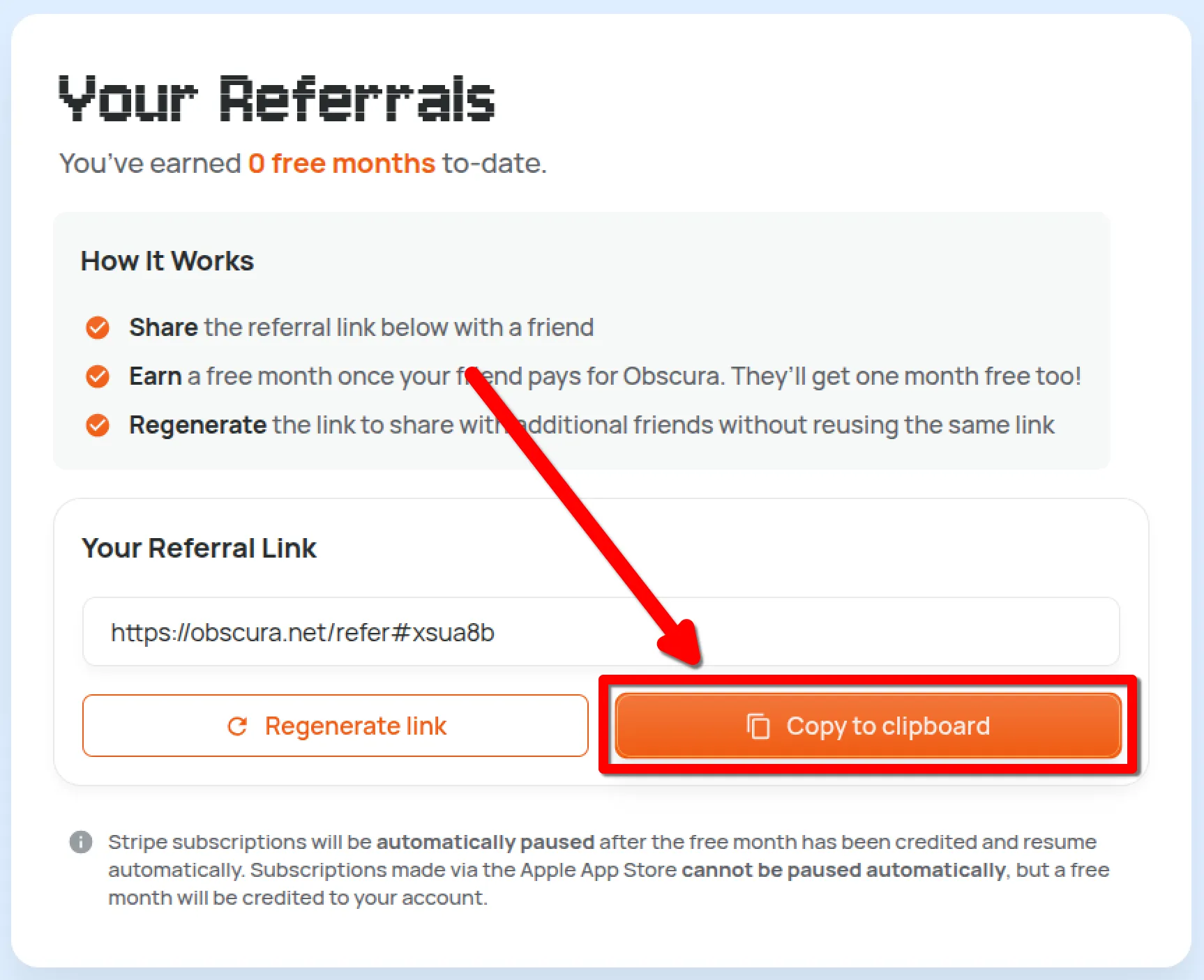 Arrow pointing to the Copy to clipboard button under the referral link