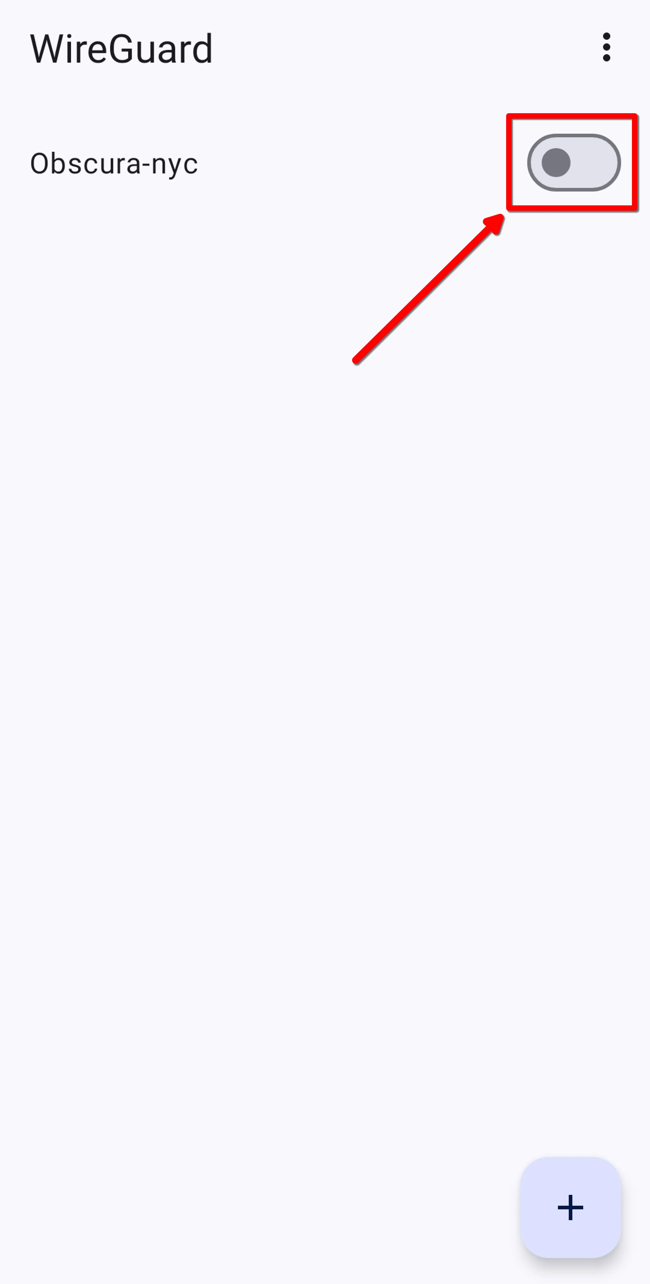 Arrow pointing to toggle button next to the WireGuard config to show how
to turn on the
VPN