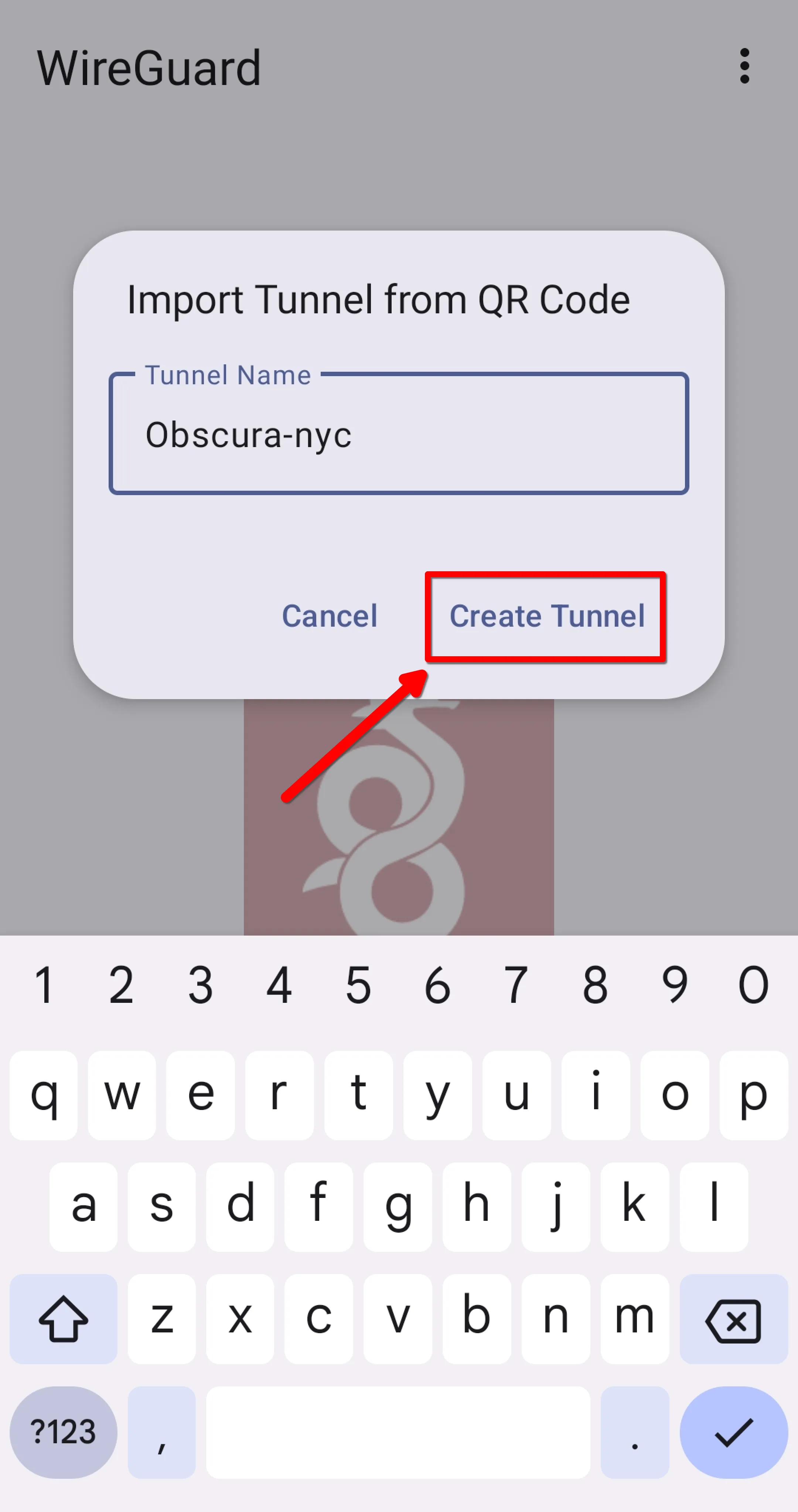 Arrow pointing to Create Tunnel button after tunnel has been named
