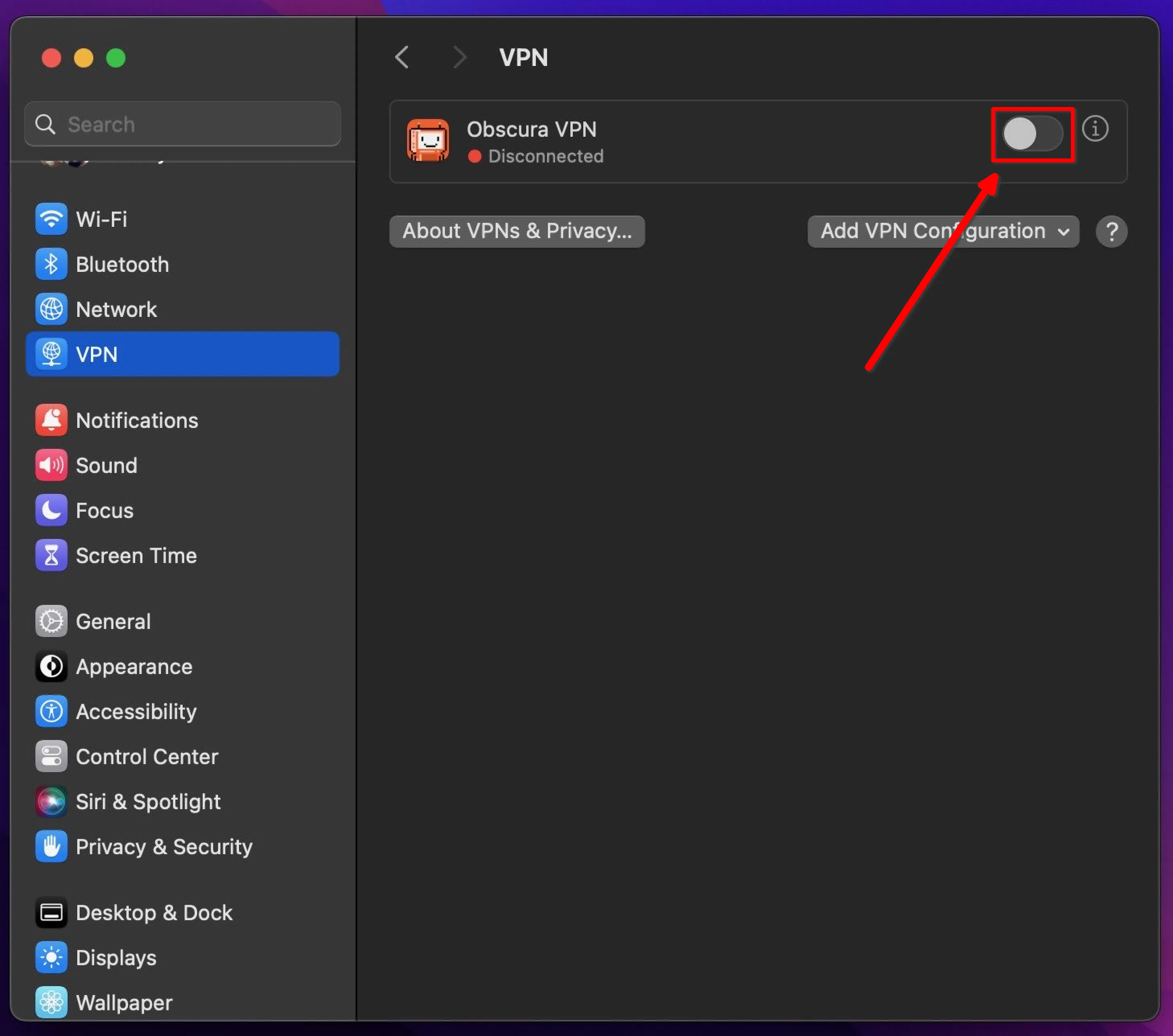 Arrow pointing to disconnected vpn toggle