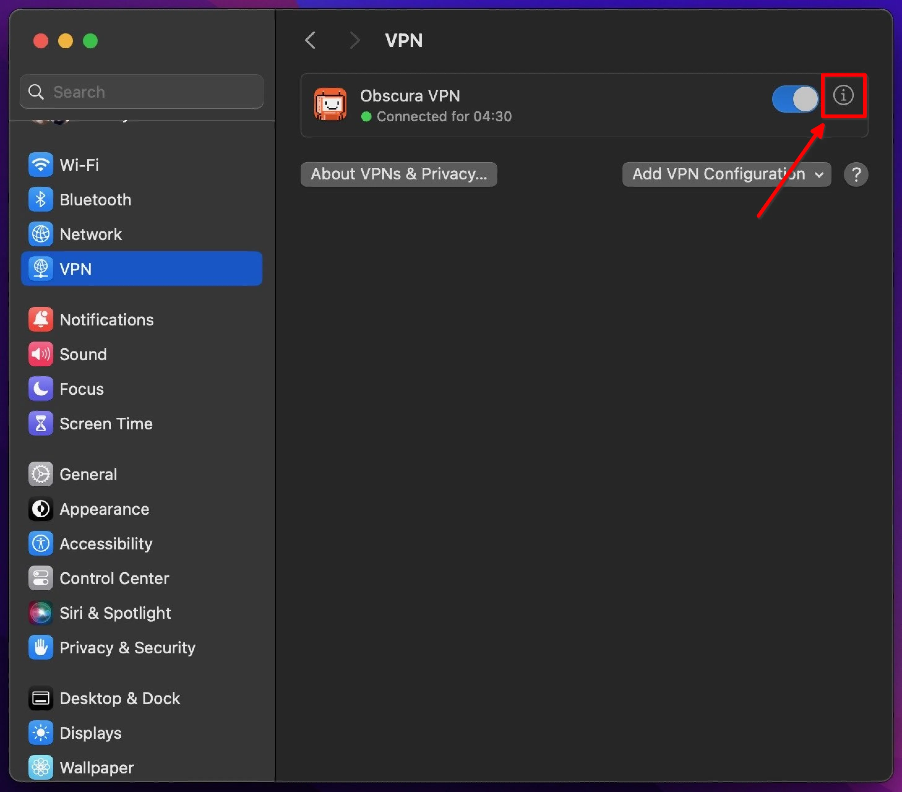 Main VPN page in MacOS settings